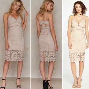 Bardot Fitted Nude Dress with Lace and Cut Out Detail